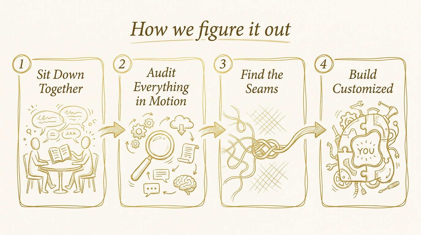 Hand-drawn 4-step Discovery process flowchart: (1) Sit Down Together — two figures at a table sharing notes; (2) Audit Everything in Motion — a magnifying glass over scattered tools and brain icons; (3) Find the Seams — tangled threads being woven into one; (4) Build Customized — a bespoke machine with 'YOU' at its center.