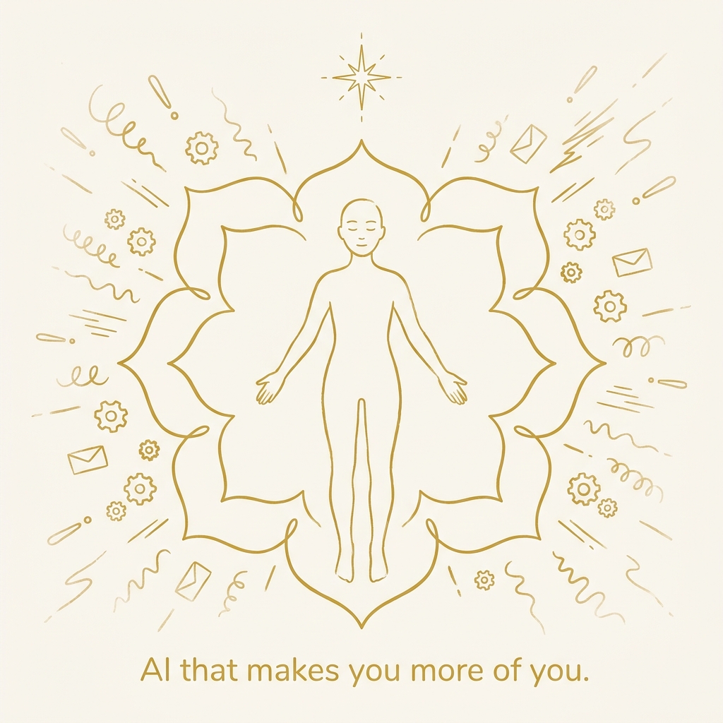 A serene human figure standing within a lotus mandala, with scattered noise dissipating outward — illustrating AI clearing cognitive clutter so the human expands into full presence.