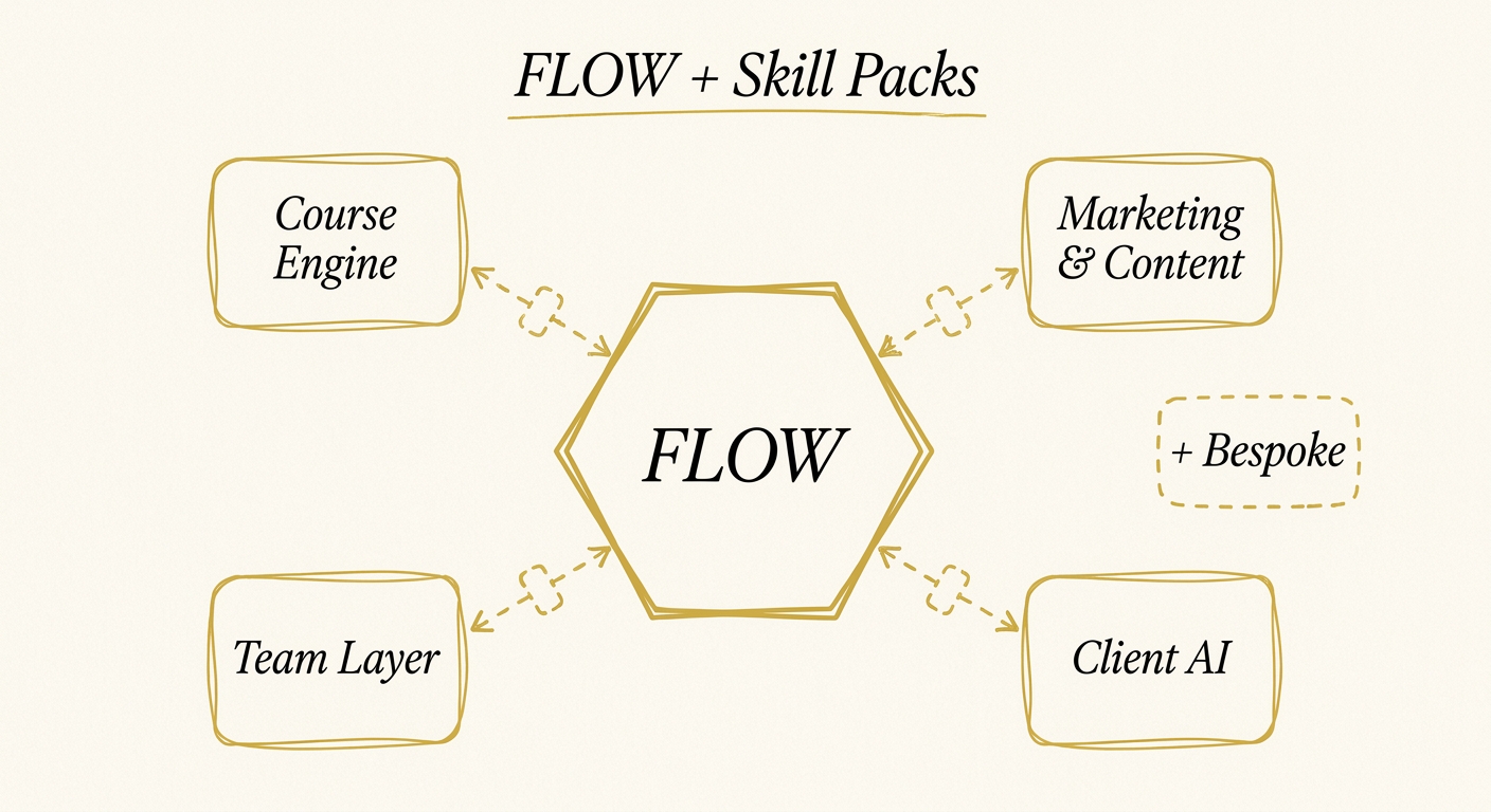 Hand-drawn architecture diagram: a hexagonal FLOW core at center connected via dashed plug-in lines to four satellite Skill Pack modules — Course Engine, Marketing & Content, Team Layer, Client AI — plus a dashed '+ Bespoke' tag for custom additions.